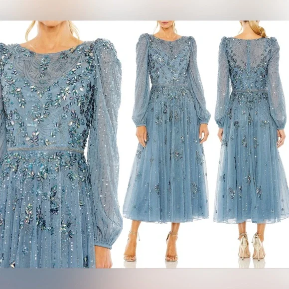 Mac Duggal | Dresses | Nwot Mac Duggal Blue Floral High Neck Puff Long  Sleeve A Line Midi Dress Size 8 | Poshmark